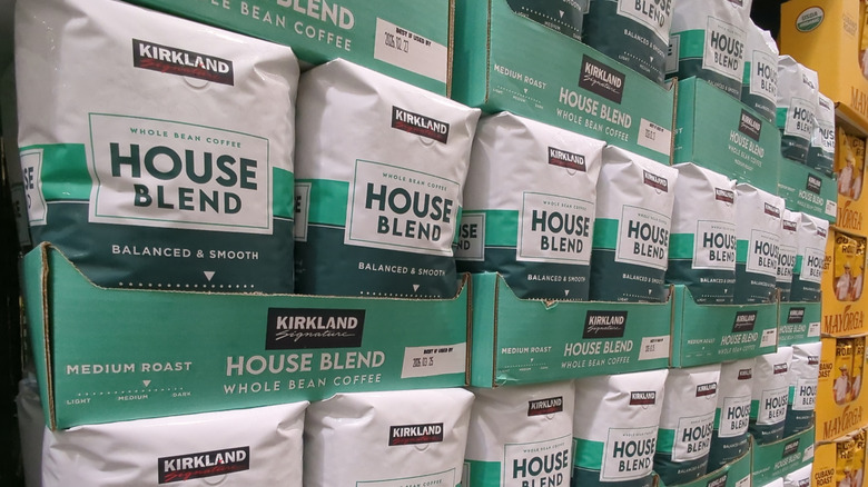Several Costco Kirkland Signature House Blend coffee beans.