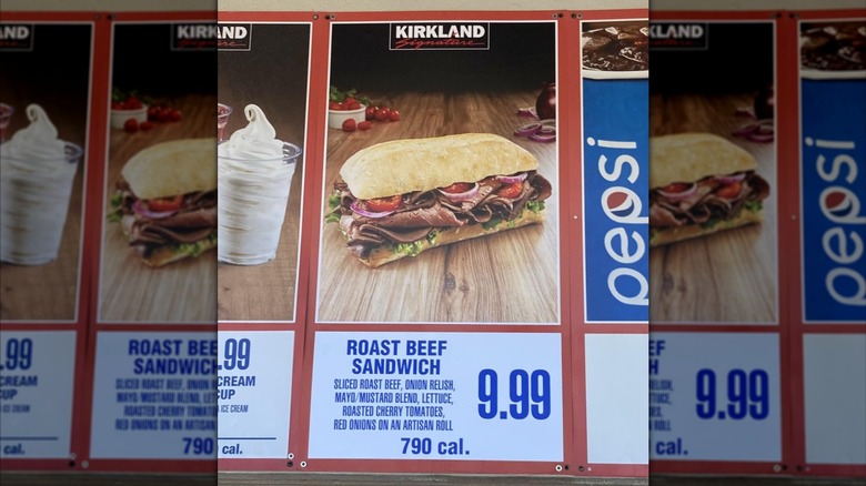 A Costco food court sign featuring the roast beef sandwich