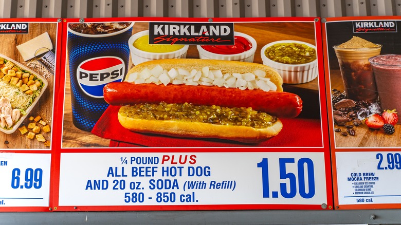 Costco food court sign with hot dog calorie information
