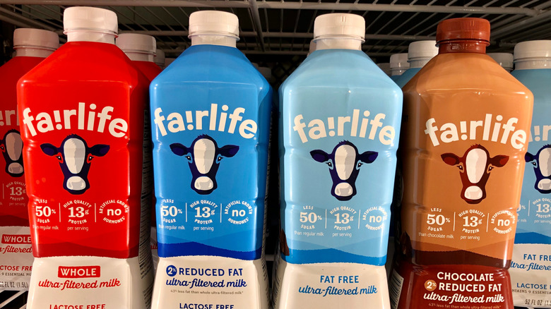 Varieties of Fairlife milk on a shelf