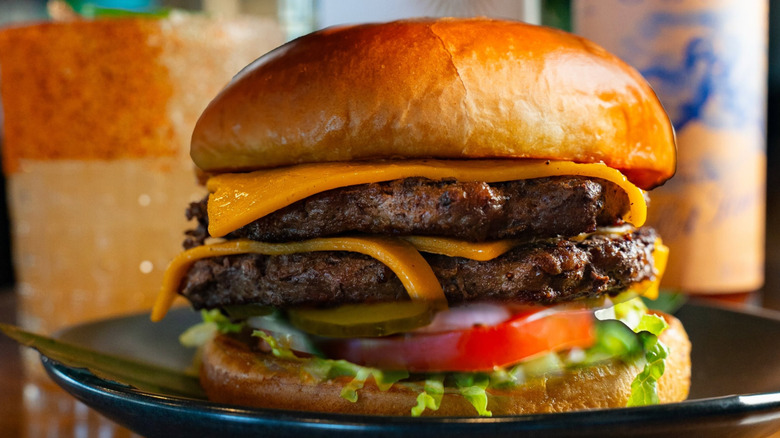 A Wahlburger hamburger at the Wahlburger restaurant.