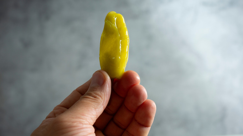 A hand holds a pepperoncini