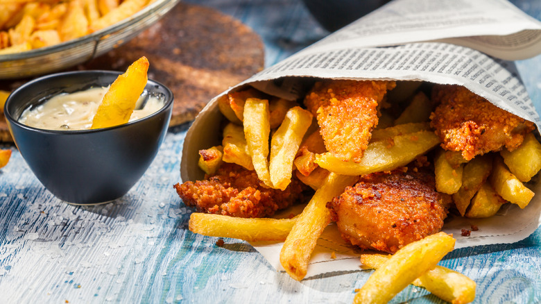 Fish and chips wrapped in newspaper