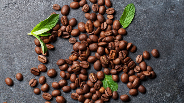 coffee beans and mint leaves