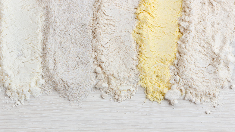 Wheat flours arranged on white counter 