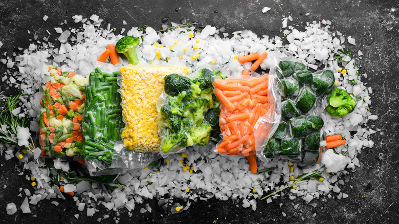 Frozen vegetables on ice