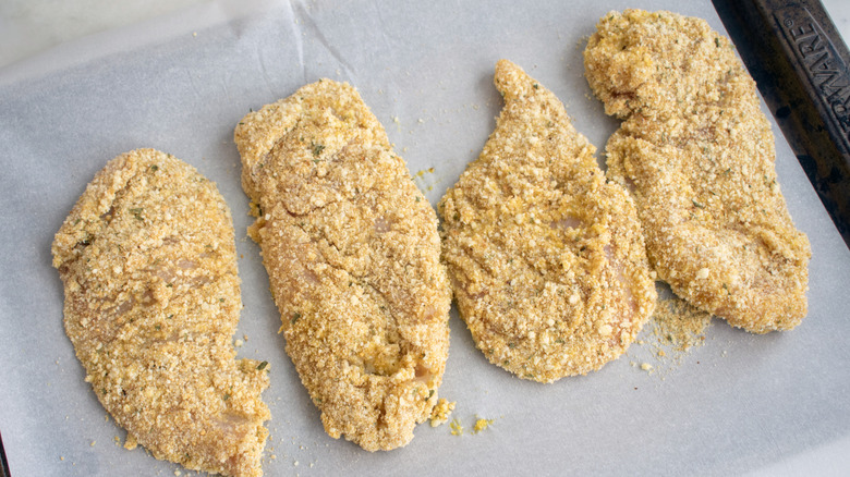 Breaded chicken on tray