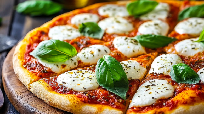 Fresh pizza with basil, herbs, and rounds of mozzarella