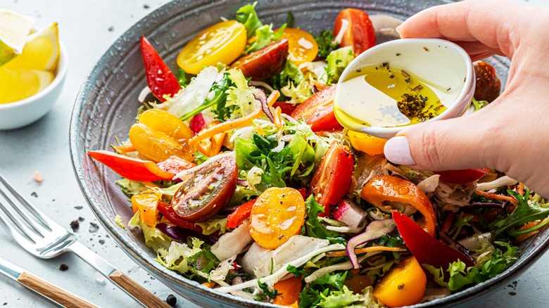 plated salad with dressing