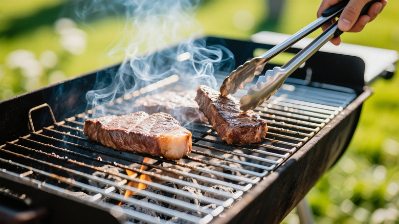 A cook  uses tongs to move steaks cooking on a grill.