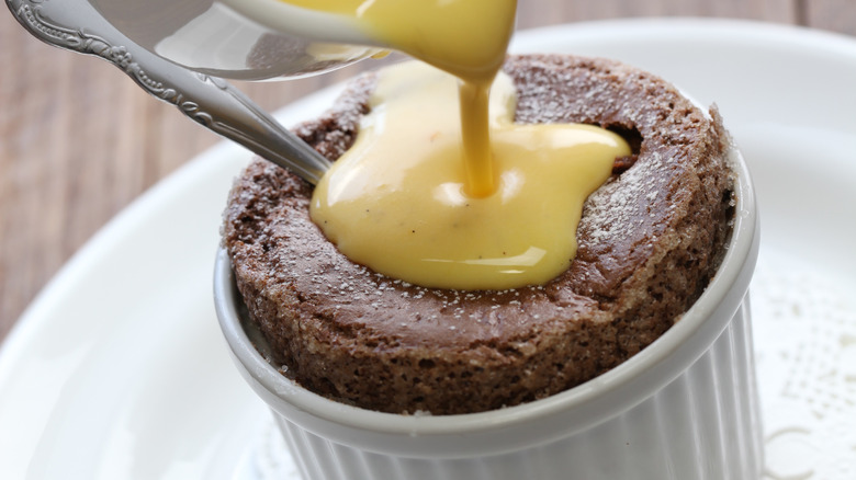 chocolate soufflé with vanilla custard