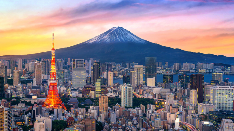 An aerial view of Tokyo with Mount Fugi in the background.