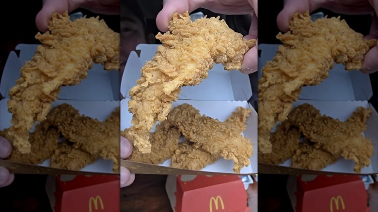 A hand holds the McCrispy Strips from McDonald's.