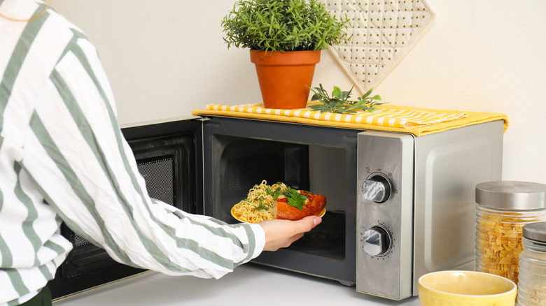 A person putting a dish in the microwave.