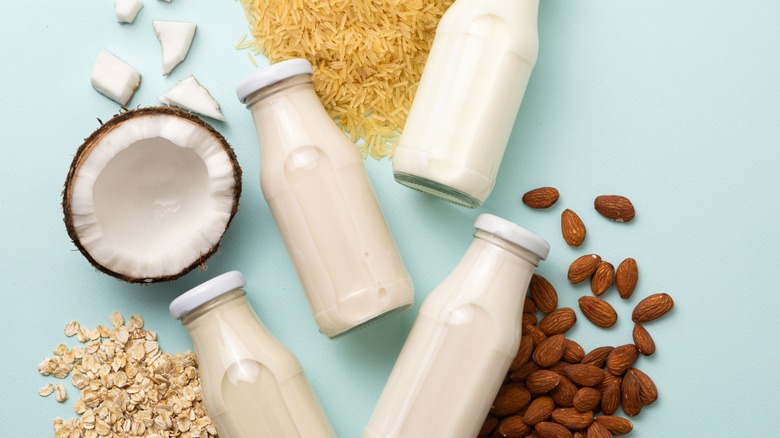 Plant based milks in glass bottles 