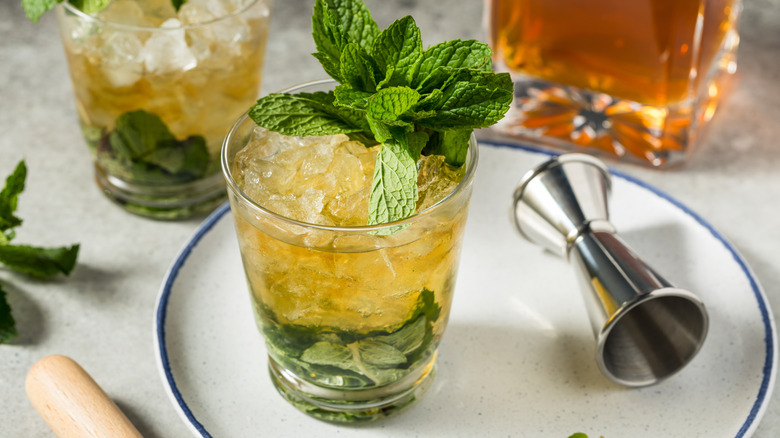 Mint julep cocktail in glass with crushed ice and garnished with mint