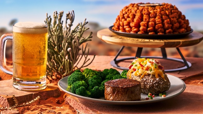 Bloomin' Onion, beer, and steak plate from Outback Steakhouse