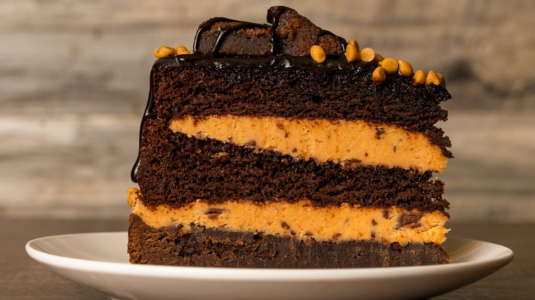 A slice of layered chocolate cake with peanut butter frosting