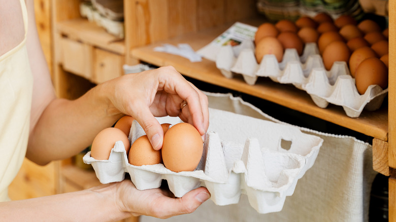 Someone holds a partially filled carton of brown eggs