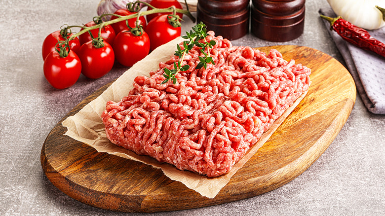 Raw ground beef on a cutting board