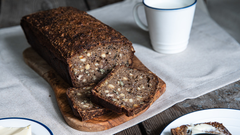 Sliced Danish-style rye bread on white cloth