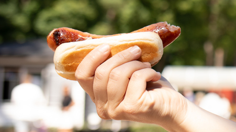 A hand holding a plain American-style hot dog outside