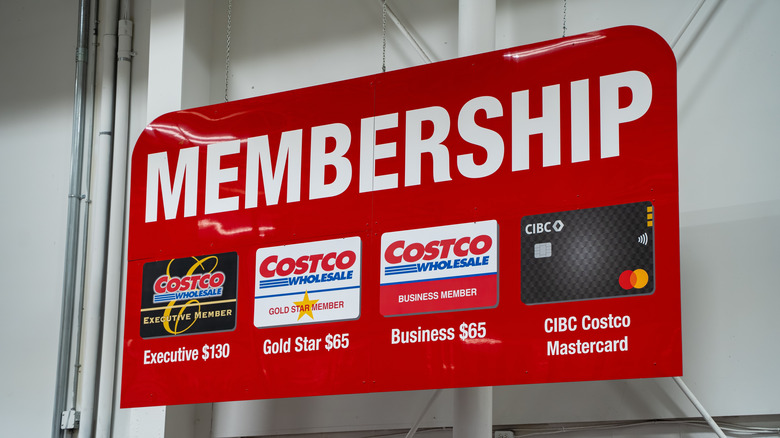 Costco membership sign with different tiers listed.