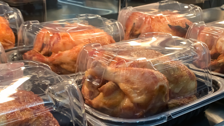 Rotisserie chicken in clamshell packaging