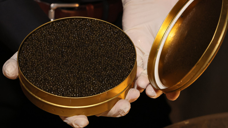 Gloved hands presenting tin of caviar
