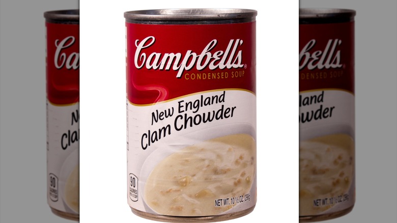 A can of Campbell's condensed New England clam chowder soup.