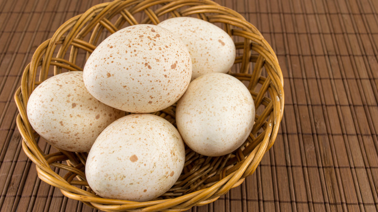 Five turkey eggs sit in a wicker basket
