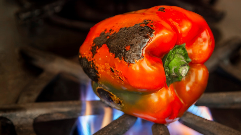 A red pepper is blackened over the open flame of a gas stove