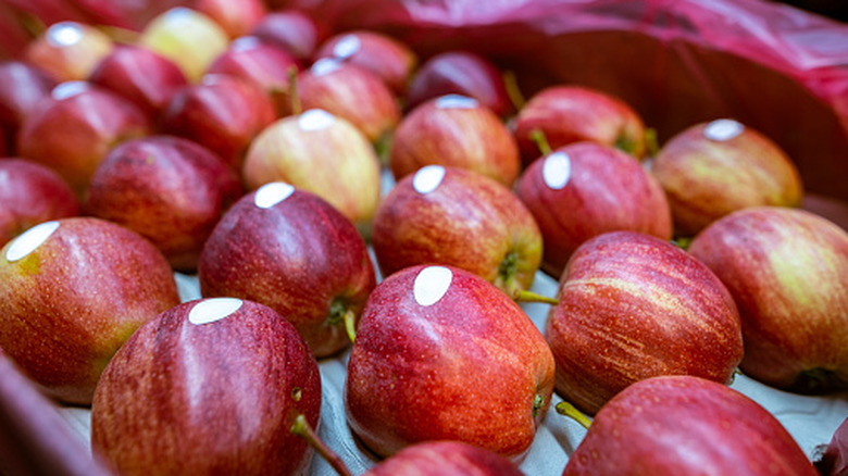 Red apples with stickers.