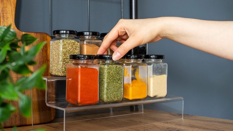 Spice jars on rack