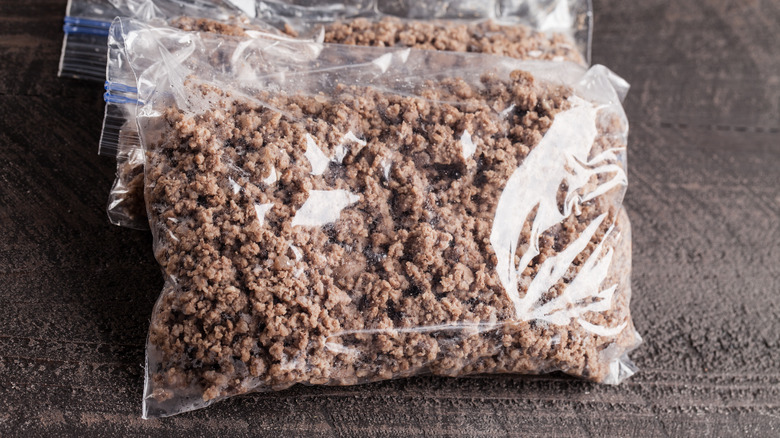 plastic bags of cooked ground beef