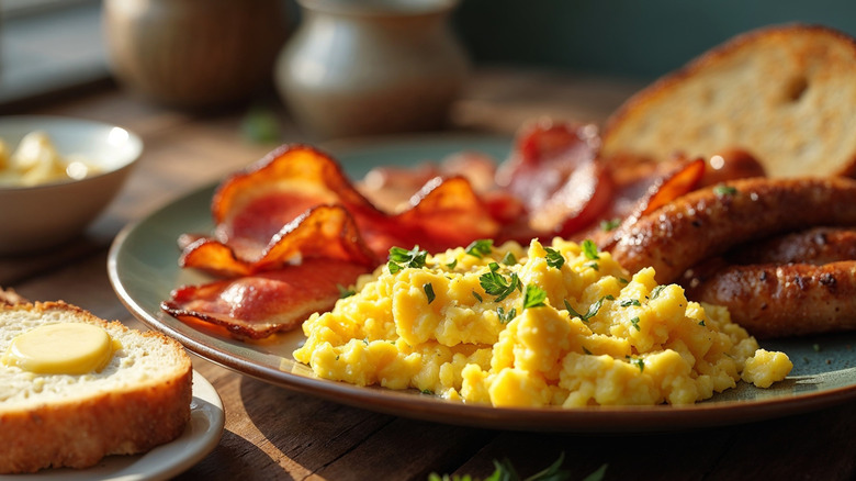 Scrambled eggs on a plate with bacon, sausage, and toast