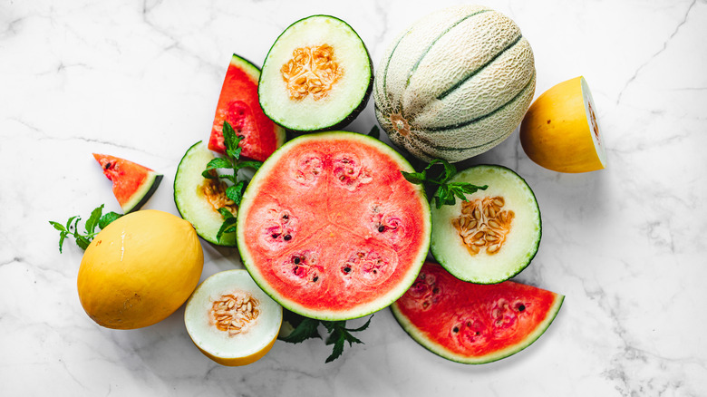 Various melons cut and whole 