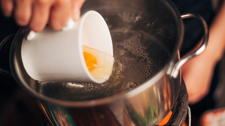 Pouring egg into a pot of boiling water