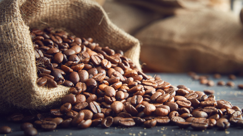Roasted coffee beans in a burlap bag