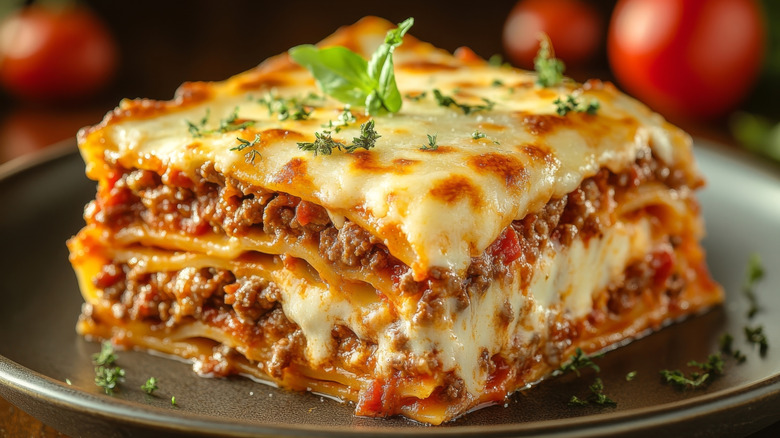 an image of lasagna on a plate topped with fresh basil and thyme