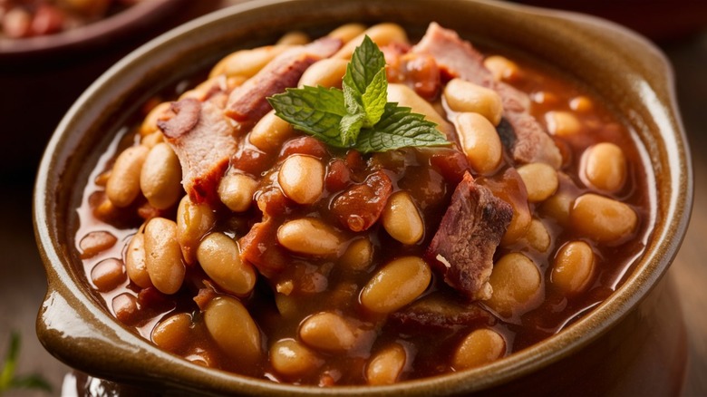Slow-cooked baked beans with molasses and pork in brown enamel dish