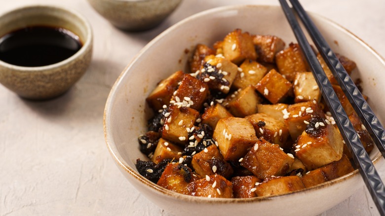Marinated tofu in a bowl
