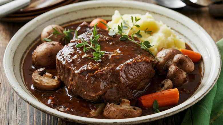 Boeuf bourguignon in a bowl with mashed potatoes