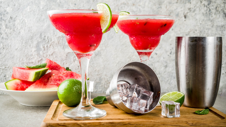 Frozen watermelon margaritas with cocktail shaker
