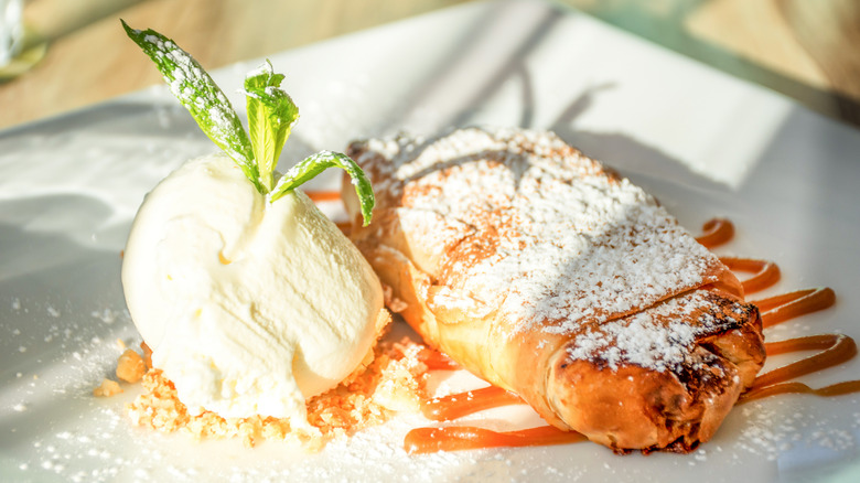 caramel and custard filled filo pastry with ice cream