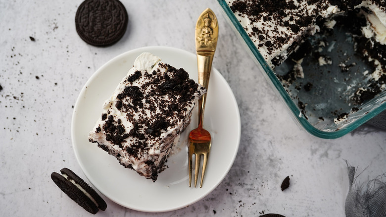 a slice of an oreo icebox cake