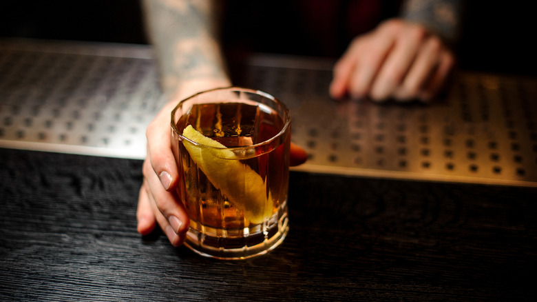 A Rusty Nail served in a glass.