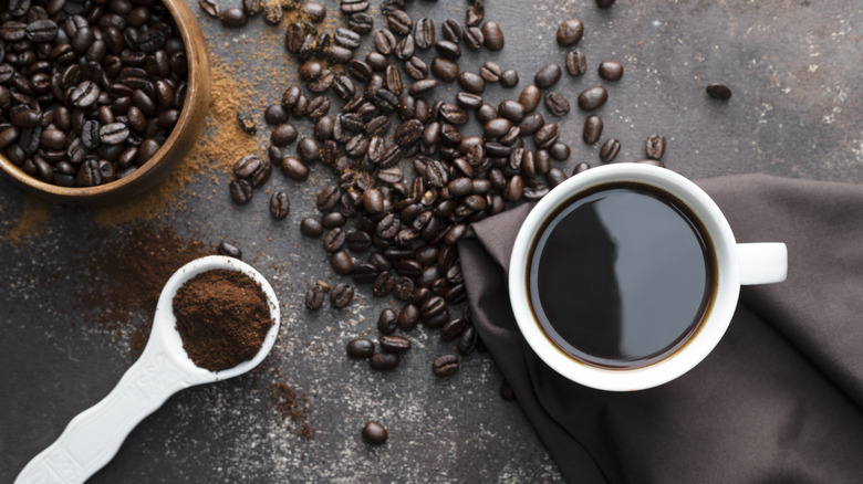 Black coffee and coffee beans