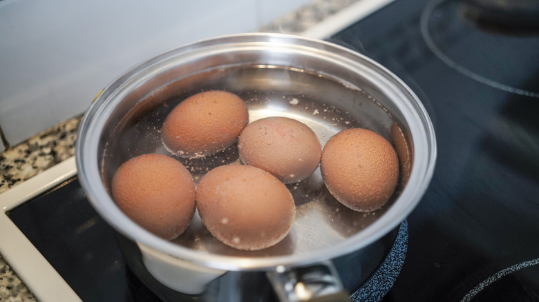 Five brown eggs in a pot of water on a stove, boiling