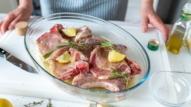 Pork chops in oil-based marinade